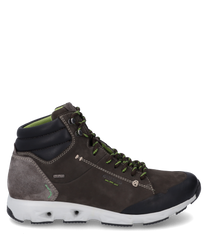 The ankle boot with lacing is made of brown leather with black and gray accents. It features a green lining a white sole with gray detail and offers a sporty look due to its robust construction.