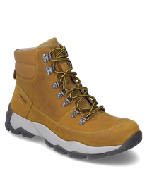 La bota en un cálido amarillo cuenta con un robusto cordón y está hecha de cuero de alta calidad. El zapato tiene una suela de goma estable y ojales metálicos llamativos que proporcionan un agarre seguro.