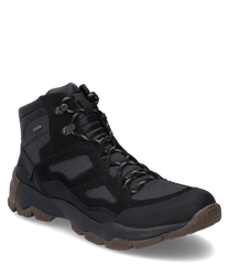 Die Stiefelette ist schwarz mit Schnürung und besteht aus einem robusten Materialmix aus Leder und Textil. Sie hat eine strapazierfähige braune Sohle und ist ideal für Outdoor-Aktivitäten.