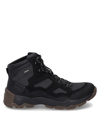 Die Stiefelette ist schwarz mit Schnürung und besteht aus einem robusten Materialmix aus Leder und Textil. Sie hat eine strapazierfähige braune Sohle und ist ideal für Outdoor-Aktivitäten.