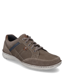 A sporty sneaker made of gray suede with lacing and contrasting light brown accents. The shoe features a blue decorative stitch and a light flexible sole for optimal wearing comfort.