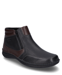 La botte illustrée est en cuir noir et marron avec une fermeture éclair latérale pour un enfilage et un retrait faciles. La chaussure a une semelle robuste et est idéale pour un usage quotidien.