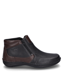 La botte illustrée est en cuir noir et marron avec une fermeture éclair latérale pour un enfilage et un retrait faciles. La chaussure a une semelle robuste et est idéale pour un usage quotidien.