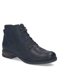The ankle boot is made of smooth dark blue leather and features a decorative lacing. Special characteristics include the floral pattern at the top and the sturdy flat sole.