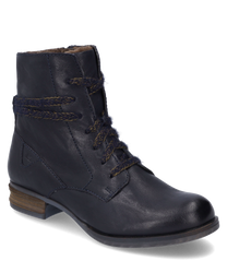 Bottine en cuir bleu foncé avec fermeture éclair latérale et détails de lacets décoratifs. La chaussure a une semelle plate marron et est doublée de doux rembourrage idéale pour les jours frais.
