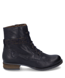 Bottine en cuir bleu foncé avec fermeture éclair latérale et détails de lacets décoratifs. La chaussure a une semelle plate marron et est doublée de doux rembourrage idéale pour les jours frais.