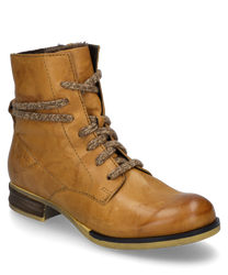 De enkellaars van glad lichtbruin leer heeft een zijrits en lichtbruine veters. De schoen heeft een robuuste zool met een kleine hak en is ideaal voor een casual look.