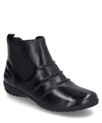 Die abgebildete schwarze Stiefelette aus glänzendem Leder hat einen seitlichen Reißverschluss für einfaches Anziehen. Ihr schlichtes elegantes Design wird durch die glatte Oberfläche und dezente Nähte betont.