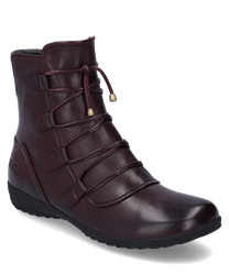 La bota mostrada está hecha de cuero rojo oscuro brillante y cuenta con una cremallera lateral. Las características especiales son los detalles decorativos de cordones en la parte delantera y la suela negra plana para una cómoda comodidad al usar.