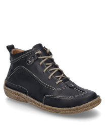 Black leather ankle boot with light decorative laces and a side zipper. The shoe features a sturdynatural-colored sole and a sporty look.