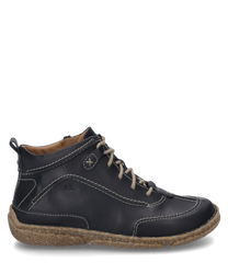 Black leather ankle boot with light decorative laces and a side zipper. The shoe features a sturdynatural-colored sole and a sporty look.