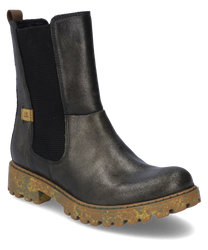Dieser Stiefel aus schwarzem Leder verfügt über einen seitlichen Reißverschluss und elastische Einsätze für optimalen Tragekomfort. Die robuste profilierte Sohle bietet Stabilität und einen modischen Akzent.