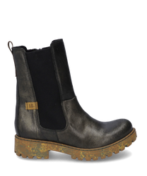 Dieser Stiefel aus schwarzem Leder verfügt über einen seitlichen Reißverschluss und elastische Einsätze für optimalen Tragekomfort. Die robuste profilierte Sohle bietet Stabilität und einen modischen Akzent.