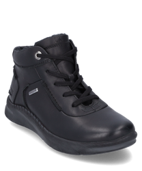 Zapato negro de cuero con cordones costuras visibles y un borde de suela estructurado en gris claro. El zapato tiene un diseño sencillo con un detalle de logo metálico en el lateral.