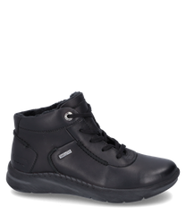 Zapato negro de cuero con cordones costuras visibles y un borde de suela estructurado en gris claro. El zapato tiene un diseño sencillo con un detalle de logo metálico en el lateral.