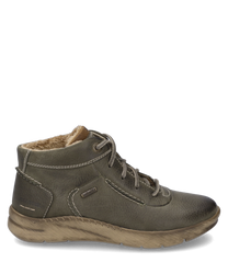 De halfhoge schoen is gemaakt van grijs leer met een lichte siernaad en heeft een vetersluiting als sluiting. Hij heeft een beige gestructureerde zool en een warme voering die voor comfort zorgt.