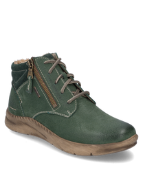 The green ankle boot is made of leather with a visible light brown sole and lacing as well as a side zipper. Inside it is equipped with a soft light brown lining that provides additional comfort.