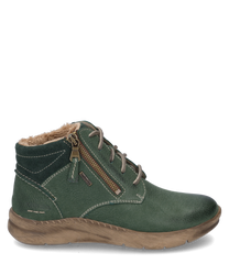 The green ankle boot is made of leather with a visible light brown sole and lacing as well as a side zipper. Inside it is equipped with a soft light brown lining that provides additional comfort.