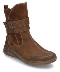 Botte en cuir marron avec fermeture éclair et boucle réglable. La chaussure a une semelle robuste et des coutures contrastantes pour un style supplémentaire.