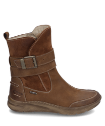 Botte en cuir marron avec fermeture éclair et boucle réglable. La chaussure a une semelle robuste et des coutures contrastantes pour un style supplémentaire.