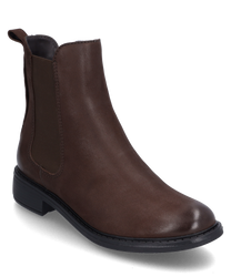 Brown ankle boot with elastic made of smooth leather. The shoe features a sturdy flat sole and a side elastic insert for easy on and off.