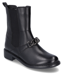 Schwarzer Stiefel aus glattem Leder mit seitlichem Reißverschluss und elastischem Einsatz. Dekorative Schnalle am Knöchel robuster Blockabsatz ideal für einen eleganten Look.