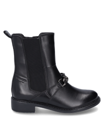 Schwarzer Stiefel aus glattem Leder mit seitlichem Reißverschluss und elastischem Einsatz. Dekorative Schnalle am Knöchel robuster Blockabsatz ideal für einen eleganten Look.