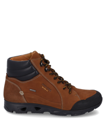 Brauner Sneaker mit Schnürung hergestellt aus Leder mit schwarzen Akzenten und robustem Gummiprofil. Der Schuh hat eine wasserabweisende Membran und kontrastierende Nähte für zusätzlichen Stil.