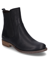 La botte noire en cuir lisse a une fermeture éclair latérale et des inserts élastiques. Le talon plat marron et la couture discrète lui confèrent un look classique.