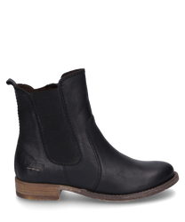 La botte noire en cuir lisse a une fermeture éclair latérale et des inserts élastiques. Le talon plat marron et la couture discrète lui confèrent un look classique.