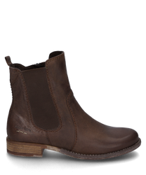 La bota mostrada está hecha de cuero marrón con una cremallera lateral para facilitar su puesta. Tiene una suela robusta y un logo discreto en el talón ideal para una apariencia elegante y cómoda.