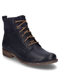 Dark blue leather ankle boots with brown laces. They feature a contrasting heel area and a brown flat sole perfect for a stylish casual look.