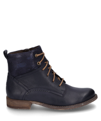 Dark blue leather ankle boots with brown laces. They feature a contrasting heel area and a brown flat sole perfect for a stylish casual look.