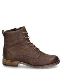 The ankle boot in the color Moro is made of robust leather and features lacing as a closure. The shoe has a smooth surface and a low heel ideal for a stylish and comfortable look.