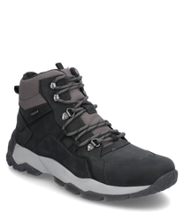 The ankle boot is made of durable black leather and features a gray lacing. The shoe has a thick white sole and is ideal for outdoor activities.
