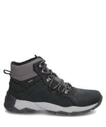 The ankle boot is made of durable black leather and features a gray lacing. The shoe has a thick white sole and is ideal for outdoor activities.