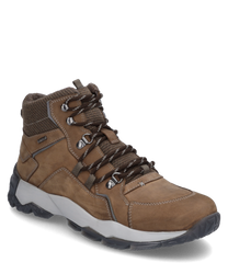 Die Stiefelette ist aus braunem Leder mit Schnürung robustem Profil und hellgrauer Sohle. Besondere Merkmale sind die gepolsterte Knöchelpartie und verstärkte Nähte für zusätzlichen Halt.
