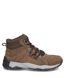 Die Stiefelette ist aus braunem Leder mit Schnürung robustem Profil und hellgrauer Sohle. Besondere Merkmale sind die gepolsterte Knöchelpartie und verstärkte Nähte für zusätzlichen Halt.