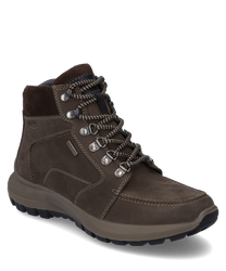 Die abgebildete Stiefelette ist aus braunem Leder mit einem Reißverschluss gefertigt. Sie zeichnet sich durch robuste Schnürung und eine profilierte Sohle aus ideal für einen lässigen und praktischen Look.
