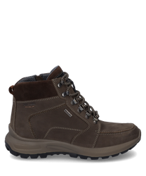 Die abgebildete Stiefelette ist aus braunem Leder mit einem Reißverschluss gefertigt. Sie zeichnet sich durch robuste Schnürung und eine profilierte Sohle aus ideal für einen lässigen und praktischen Look.