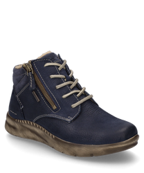 The ankle boot in the color Ocean is made of a smooth dark blue material with lacing and an additional side zipper. The shoe is equipped with a soft light inner lining and has a slightly profiled brown sole.