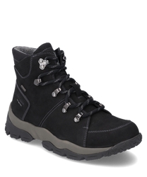 La bota negra de cuero resistente cuenta con un sistema de cordones y una suela gris claro en contraste. Las características especiales son las costuras marcadas y el acabado duradero para un confort óptimo al usarla.