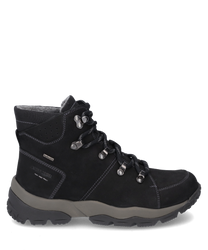 La bota negra de cuero resistente cuenta con un sistema de cordones y una suela gris claro en contraste. Las características especiales son las costuras marcadas y el acabado duradero para un confort óptimo al usarla.