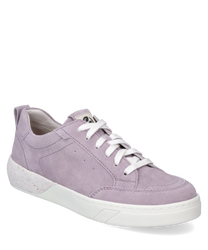 Purple sneakers made of soft suede with lacing. Bright speckled sole and padded entry for added comfort.