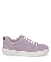 Purple sneakers made of soft suede with lacing. Bright speckled sole and padded entry for added comfort.