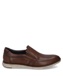 El zapato marrón de cuero liso tiene un cómodo cierre de goma elástica y una suela clara y contrastante. Costuras decorativas discretas y un diseño elegante lo hacen ideal para el uso diario y ocasiones especiales.