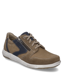 The beige leather shoe features lacing and a side zipper. Blue details and a light rubber sole give the shoe a modern look.