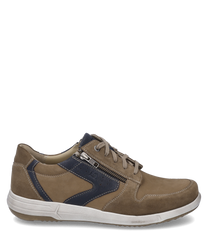 The beige leather shoe features lacing and a side zipper. Blue details and a light rubber sole give the shoe a modern look.