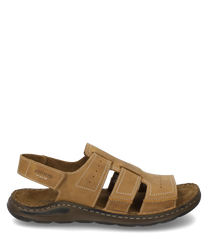 Brown leather sandals with Velcro closure ideal for summer. The sandals provide comfortable support and breathable comfort through the open design and sturdy sole.