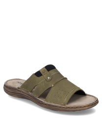 La sandale en cuir vert olive avec fermeture à élastique offre confort et style. Elle a une semelle robuste marron clair et des détails perforés sur le dessus pour la respirabilité.